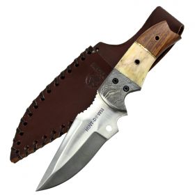 Hunt Down 9.5" Bone Handle Demascus Bolster Stainless Steel Hunting Knife With Leather Sheath