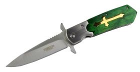 9.5" Defender Xtreme Spring Assisted Folding Knife Green Cross Handle