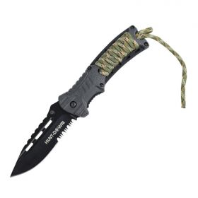 8.5" Huntdown Black Spring Assisted Knife with Fire Starter & Whistle