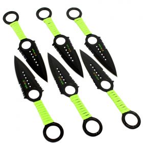 Zomb War 6 Pc Throwing Knife Set Black Color With Sheath and Green Cord