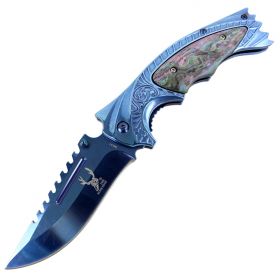 TheBoneEdge 8.5" Spring Assisted Knife with Ridged Top Edge Blue Good Quality
