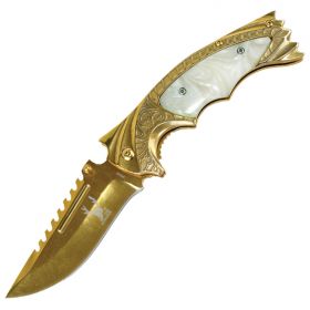 TheBoneEdge 8.5" Spring Assisted Knife with Ridged Top Edge Gold Good Quality