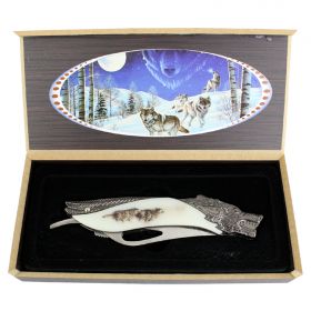 TheBoneEdge 8" Wolf Pattern Handle Folding Knife With Gift Box