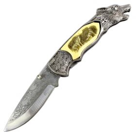 TheBoneEdge 8" Wolf Pattern Handle & Blade Folding Knife
