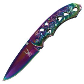 TheBoneEdge 8" Spring Assisted Tactical Sharp Knife with Strap Holder Rainbow
