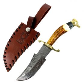 TheBoneEdge 8.5" Damascus Blade Hunting Sharp Knife Real Stag Handle Leather Sheath