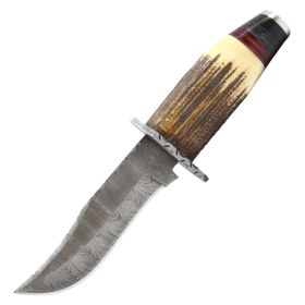 TheBoneEdge 9" Damascus Blade Hunting Sharp Knife Real Stag Handle Leather Sheath