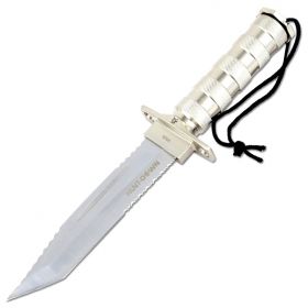 Hunt-Down 12" Chrome Color Fixed Blade Survival Knife - Survival Kit & Compass