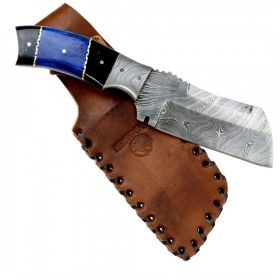 Hunt-Down 9" Damascus Blade Hunting Knife Horn Handle with Leather Sheath