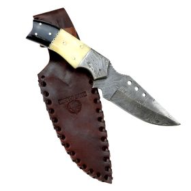 Hunt-Down 9.5" Damascus Blade Horn Handle Hunting Knife with Leather Sheath