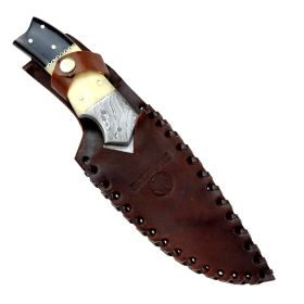 Hunt-Down 9.5" Damascus Blade Horn Handle Hunting Knife with Leather Sheath
