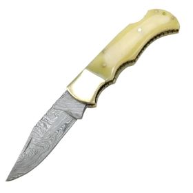 TheBoneEdge 6.5" Damascus Folding Knife Horn Handle Handmade with Sheath