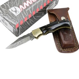 TheBoneEdge 6.5" Damascus Folding Knife Horn Handle Handmade with Sheath New