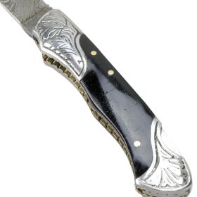 TheBoneEdge 7" Damascus Folding Knife Horn Handle Bolster Handmade with Sheath