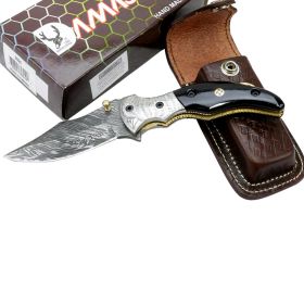 TheBoneEdge 7.5" Damascus Blade Folding Knife Horn Handle Handmade with Sheath
