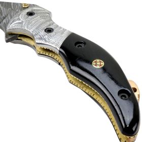 TheBoneEdge 7.5" Damascus Blade Folding Knife Horn Handle Handmade with Sheath