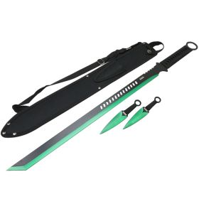 27" Green 2 Tone Blade Sword with 2 Throwing Knives and Sheath